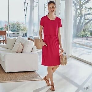 NWT J Jill Sangria Red Short Sleeve Knee Length Dress w Pockets Women's Size XL